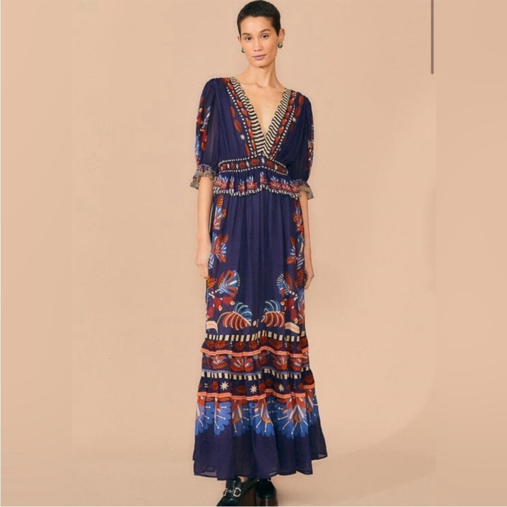 Farm Rio Nature Beauty Blue Short Sleeve Maxi Dress NWT Size Small - Picture 2 of 11
